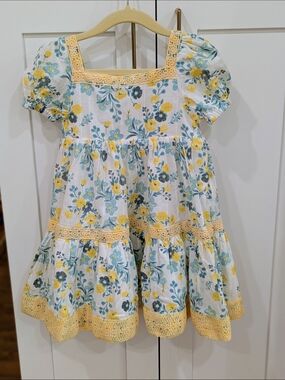 Joie White Floral Tiered Dress with Yellow Lace Trim